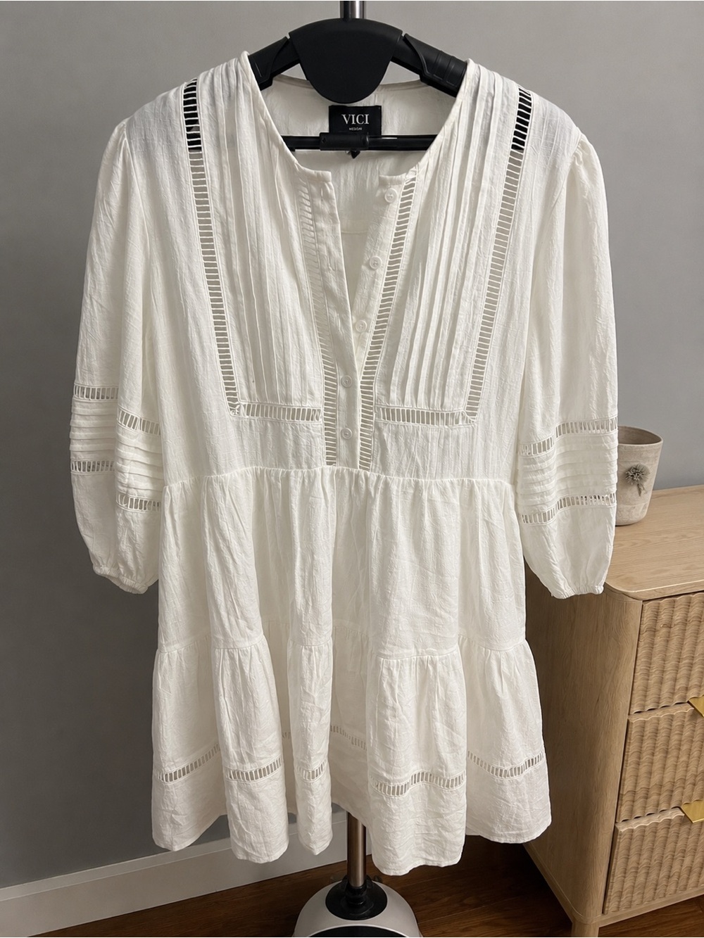 VICI White Pintuck & Eyelet Tiered Mini Dress | Medium